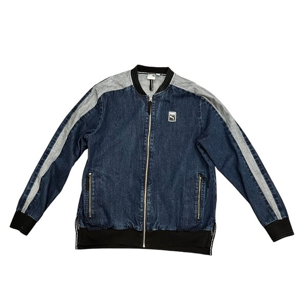 Puma Men's Baseball Collar Zip Front Denim Bomber Jacket, Blue XL - Picture 1 of 10